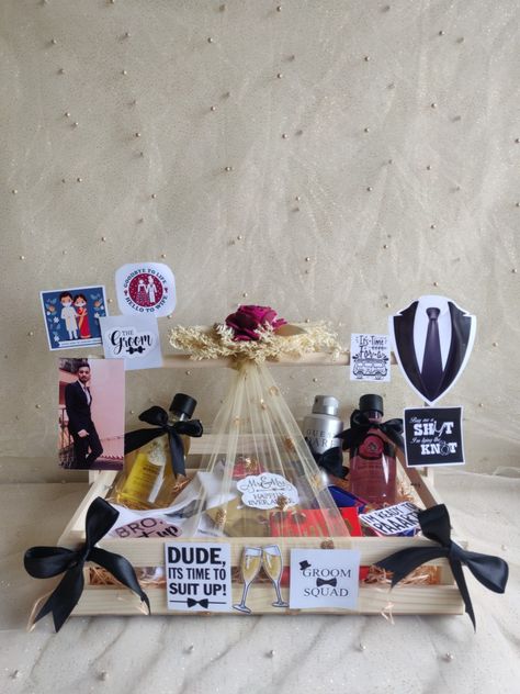 Hamper for groom to be Gift Hamper For Marriage, Wedding Hampers For Bride And Groom, Groom To Be Hamper Ideas, Wedding Gift Ideas For Jiju, Wedding Husband Gift, Marriage Hamper Ideas, Grooming Kit Packing Ideas For Wedding, Bride And Groom Plates, Groom To Be Gift Ideas