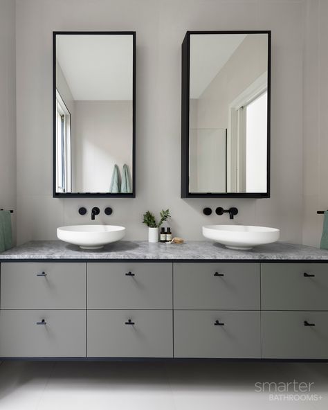 Stunning Portsea Grey marble benchtop for this modern and elegant bathroom. Bathroom Vanity Hardware Ideas, Vanity Hardware Ideas, Bathroom Vanity Hardware, Vanity Hardware, Marble Benchtop, Hardware Ideas, White Vessel Sink, Room Vanity Ideas, Minimalist Bathroom Design