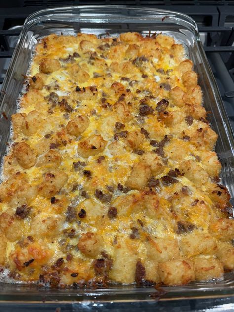 How to Make the Easiest Tater Tot and Egg Breakfast Casserole - Life Love Larson Breakfast Casserole With Tots, Easy Breakfast Casserole With Tater Tots, Egg Sausage Tater Tot Casserole, Breakfast Tatertot Casserole Recipe Easy, Breakfast Tator Casserole, Breakfast Tater Tot Casserole With Bacon, Breakfast Tot Casserole, Breakfast Pot Pie Casserole, Cheesy Tater Tot Breakfast Casserole