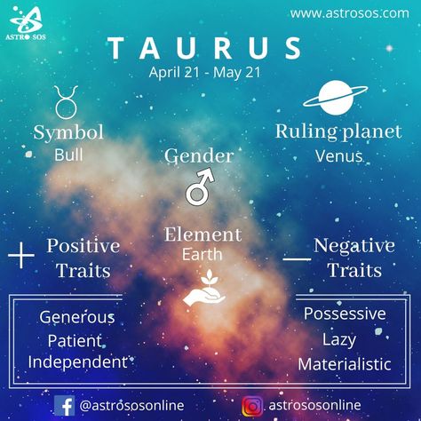 Taurus Period: April 20 - May 20 Taurus Element: Earth Symbol: The Bull Ruling Planet of Taurus: Venus READ MORE CLICK ON LINK ; Celestial Constellations, Taurus Planet, Zodiac Signs In Order, Taurus Dates, Taurus Daily Horoscope, Taurus Element, About Taurus, Earth Symbol, New Zodiac Signs