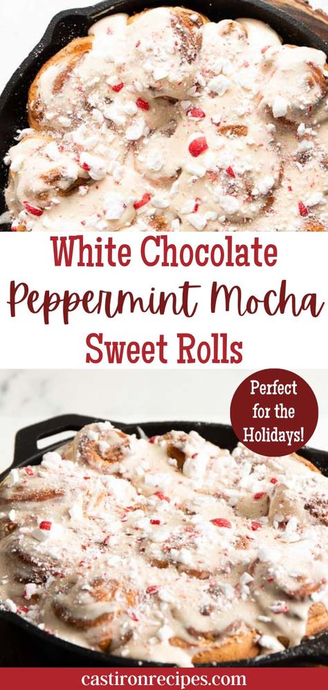 White Chocolate Peppermint Mocha Sweet Rolls are some of the best chocolate mint-flavored cinnamon rolls that are bound to rock your world in the best way, as an edible copycat recipe of the Starbucks Peppermint White Mocha latte. Prepare yourself for a flavor infusion that is perfect for the holidays. White Chocolate Peppermint Cinnamon Rolls, Peppermint White Mocha, White Chocolate Peppermint Mocha, Peppermint White Chocolate Mocha, Cast Iron Chicken Recipes, Peppermint White Chocolate, Dutch Oven Recipes Cast Iron, Cinnamon Bun Recipe, White Chocolate Peppermint