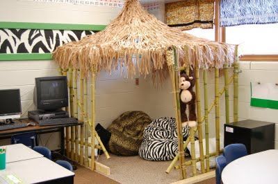 Tiki hut reading area for jungle themed classroom if I ever wanted to switch themes ;-) love zebra with green! Reading Hut, Rainforest Classroom, Water Princess, Jungle Classroom, Jungle Theme Classroom, Rainforest Theme, Jungle Thema, Jungle Room, Vbs Ideas