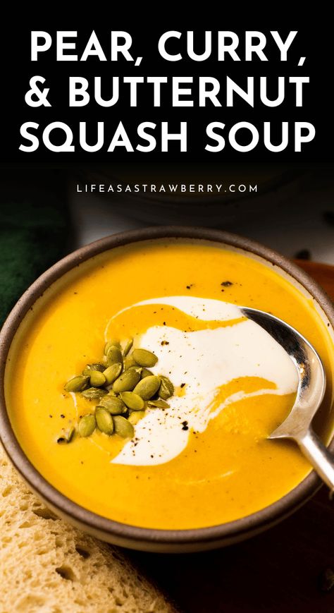 This easy pear and curry butternut squash soup is packed with flavor and perfect for fall! Start by sauteeing onion and celery in a bit of olive oil, then mix in some curry powder and add fresh pears and cubed butternut squash with a bit of chicken stock or veggie broth. Cook, then puree everything until it's nice and smooth. Topped with pumpkin seeds and crème fraîche. Serve with your favorite crusty bread or a quick side salad for a full meal. Butternut Squash Soup With Curry Powder, Butternut Squash And Pear Soup Recipe, Butternut Squash Soup With Pears, Squash Pear Soup, Butternut Pear Soup, Curried Butternut Squash Soup Recipes, Butternut Squash Pear Soup, Butternut Squash And Pear Soup, Curry Butternut Squash Soup