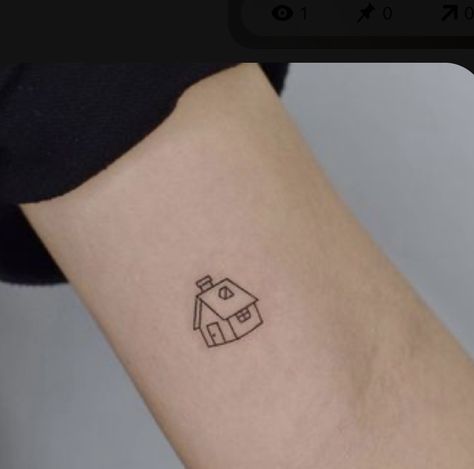 Home Tattoo Ideas Simple, Treehouse Tattoo Simple, Simple Home Tattoo, Mini House Tattoo, Small House Tattoo Simple, House Fine Line Tattoo, House Stamp Tattoo, Home Tatoos, Fine Line House Tattoo