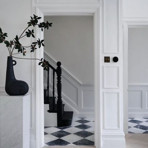 No.17 House (@no.17house) • Instagram photos and videos Lounge Furniture Layout, Marble Floor Tiles, Limewash Walls, Tumbled Marble Tile, Mandarin Stone, Tiled Hallway, Retro Sideboard, Black And White Tiles, Black And White Marble