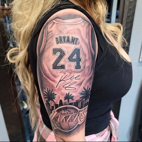 Kobe Bryant Tattoos on Instagram: “Artist: @fatboy562ink * * * * #kobebryanttattoo #kobebryant #lakers #tribute #kobe #nba #mambamentality #tattoo #inked #tattooartist…” Lakers Tattoo, Basketball Tattoo Ideas, Lebron James Tattoos, Basketball Tattoos, Mamba Forever, The Black Mamba, Lebron James Championship, Bryant Basketball, Vintage Style Tattoos