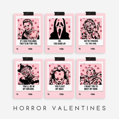 If you love horror movies, these printable Killer Valentine's Day Cards are just for you! These horror valentine cards feature 6 famous killers from spooky movies we all know and love. Horror Valentines Cards, Scary Valentines, Valentines Horror, Therapist Resources, Spooky Movies, Love Puns, Valentine's Day Cards, Horror Characters, Valentine Cards