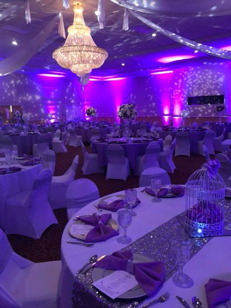 Debut Venue Design Purple, Purple And White Sweet 16 Dresses, Sweet 16 Party Table Set Up, Purple And Silver Quince Dress, Lavender And Silver Decorations, Quinceanera Dresses Purple And White, Light Purple Dress Sweet 16, Quince Light Purple Theme, Light Purple Quinceanera Invitations