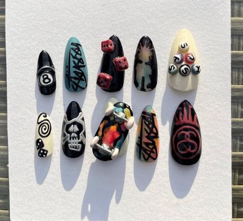 craziestttt @stussy themed set with graphic designs and 3d skateboard + inspo images for each nail #pressonnails #stussy #stussynails #skate #streetstyle #graphicart #nailart Stussy Nails, 3d Skateboard, Graphic Designs, Press On Nails, Skateboard, Graphic Art, Nail Art, Street Style, Graphic Design