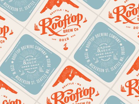 Rooftop Coasters by Chelsea Wirtz Coaster Design Branding, Coasters Merch, Square Coaster Design, Type Design Inspiration, Letterpress Coasters, Branded Coasters, Coaster Projects, Bar Card, Graphic Design Marketing