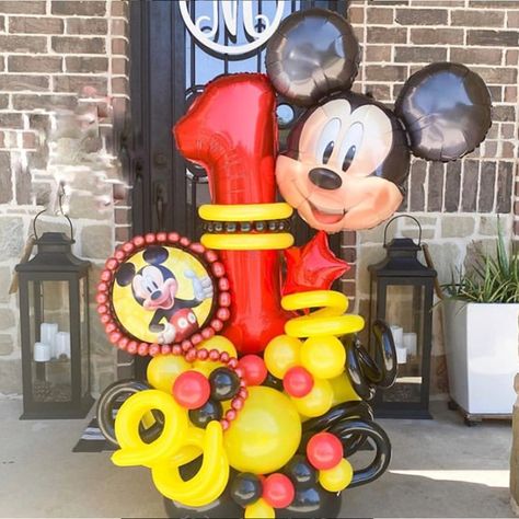 Mickey Balloons Decorations, Mickey Mouse 1st Birthday Balloon Arch, Mickey Mouse Birthday Balloons, Mickey Mouse Balloon Columns, Mickey Mouse Balloon Garland, Mickey Mouse Balloon Bouquet, Mickey Balloon Bouquet, Mickey Mouse With Balloons, Bday Balloons