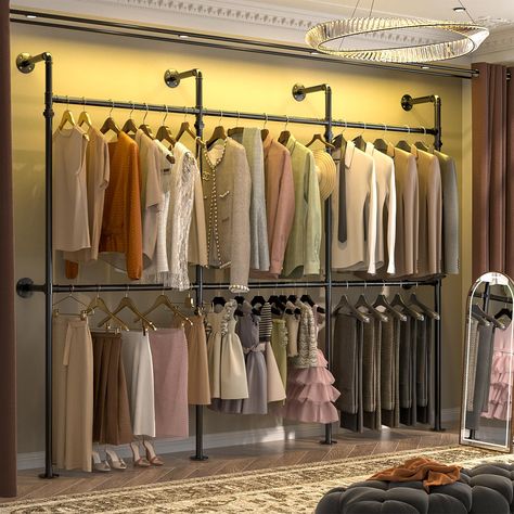 PRICES MAY VARY. 【Strong Bearing Capacity】Dimensions: 118.3" L x 15.7" W x 84 "H. This multifunctional Walk-in Closet System streamlines your closet, load capacity up to 1000lbs, not easily deformed and wobble. below 3 detachable hanging bars that easily accommodates to the length and size of your garments. it is also perfectly combinable with standard chests of drawers up to 93 cm wide. 【Sturdy and Enduring Construction】This industrial clothing rack is made of heavy duty thick metal water pipes Industrial Pipe Closet, Pipe Closet, Industrial Pipe Clothing Rack, Wall Mounted Closet, Industrial Closet, Industrial Clothing Rack, Wall Mounted Clothing Rack, Closet Rack, Open Wardrobe