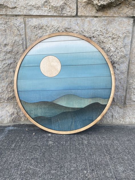 Excited to share this item from my #etsy shop: Round Sun Mountain Scene Wood Wall Art | Modern Boho Circle Wall Hanging | Blue Home Decor Circle Wall Hanging, Laser Cut Wall Art, Vinyl Record Crafts, Round Wall Art Decor, Mountain Wood Wall Art, Boho Style Art, Engraved Wood Signs, Boho Painting, Landscape Wall Decor