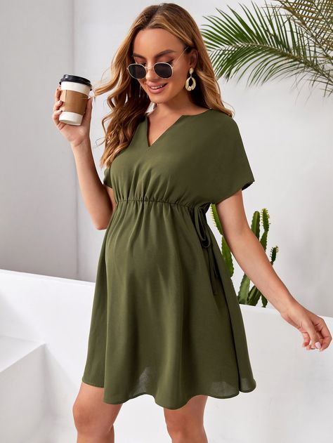 Army Green Casual Collar Short Sleeve Fabric Plain A Line Embellished Non-Stretch Summer Maternity Short Maternity Dress, Style For Short Women, Pregnant Clothes, Maternity Dresses Casual, Green Maternity Dresses, Latest Maternity Dresses, Pregnant Dress, Pregnancy Dresses, Cute Maternity Dresses