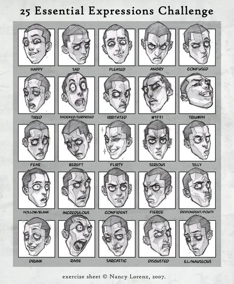 25 Essential Expressions, Expression Challenge, Facial Expressions Drawing, Expression Sheet, Different Expressions, Drawing Face Expressions, Character Design Cartoon, 얼굴 드로잉, 얼굴 그리기