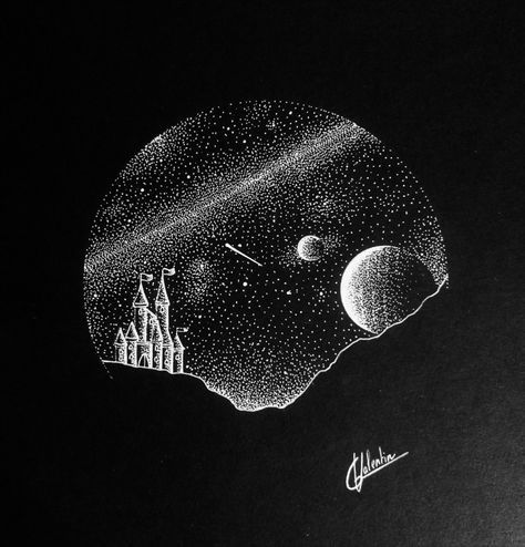 Hi everyone, I am so happy to present my latest white ink desing with a space castle. how you like this drawing made with dotwork/pointillism 😉 Created by @a_line_going_for_a_walk #inkdrawing #tatoo #tattoodesign #whiteink #sketchbook Space Line Drawing, Space Ink Drawing, Drawing On Black Paper With White Pen, Drawing With White Pen, White Ink Drawing On Black Paper, Achromatic Painting Ideas, White Pen Art On Black Paper, White Pen On Black Paper Drawing, White Pen Art