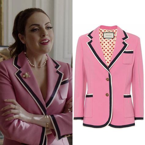 02x14 “Parisian Legend Has It…” - March 15, 2019 Gucci “Grosgrain-Trimmed Cady Blazer” - $2,890.00 Her jewelry & brooch are vintage from… Dynasty Closet, Gucci Jackets, Dynasty Outfits, Dynasty Clothing, Fallon Carrington, Clover Pattern, Pop Culture Fashion, Gossip Girl Outfits, Gucci Pink