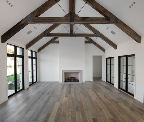 Great Room Beams, Modern Kitchen Ceiling, Ceiling Beams Living Room, Vaulted Ceiling Beams, Vaulted Ceiling Ideas, Exposed Trusses, Kitchen Ceiling Design, Beams Living Room, Exposed Beams Ceiling