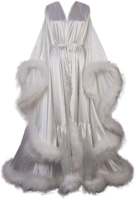 Old Hollywood Feather Robe Sexy Boudoir Robe Feather Bridal Robe Satin Long Wedding Scarf New Custom Made (L, Blush Pink) at Amazon Women’s Clothing store Feather Bridal Robe, Fancy Robes, Satin Bridal Robe, Pijamas Women, Feather Fringe, Crystal Wedding Dress, Wedding Scarf, Luxury Robes, Bridal Robe