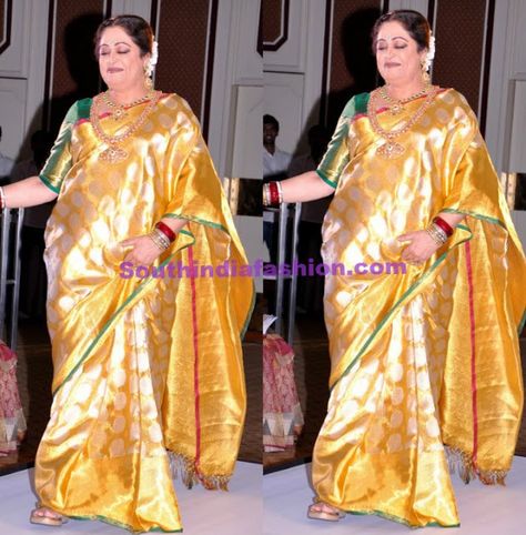 Kirron Kher Saree, Indian Parliament, Kirron Kher, Gaurang Shah, Indian Palazzo, Saree Colours, Indian Politician, Gold Saree, Anupam Kher