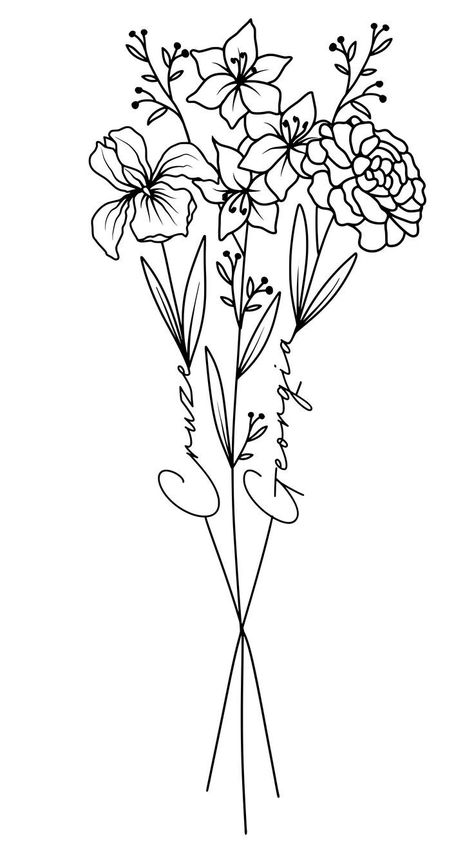 Flower Bouquet Tattoo With Names, Bouquet Tattoo With Names, Tattoos In Other Languages, Floral Bouquet Tattoo, Bouquet Tattoo Design, Tattoo With Names, Birth Flower Bouquet Tattoo, Name Tattoo Design, Tattoo Design For Women