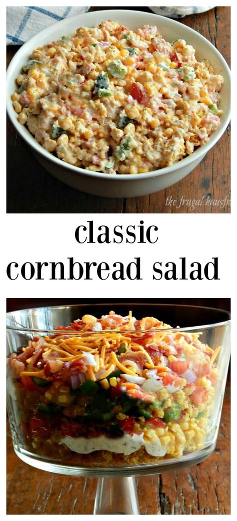 Classic Cornbread Salad - Frugal Hausfrau Cornbread Dip Recipe, Cold Cornbread Salad, Cornbread Salad Recipe Paula Deen, Cornbread Salad Trisha Yearwood, Easy Luncheon Ideas, Chef Salads, Mexican Cornbread Salad, Green Onion Salad, Creamy Corn Salad