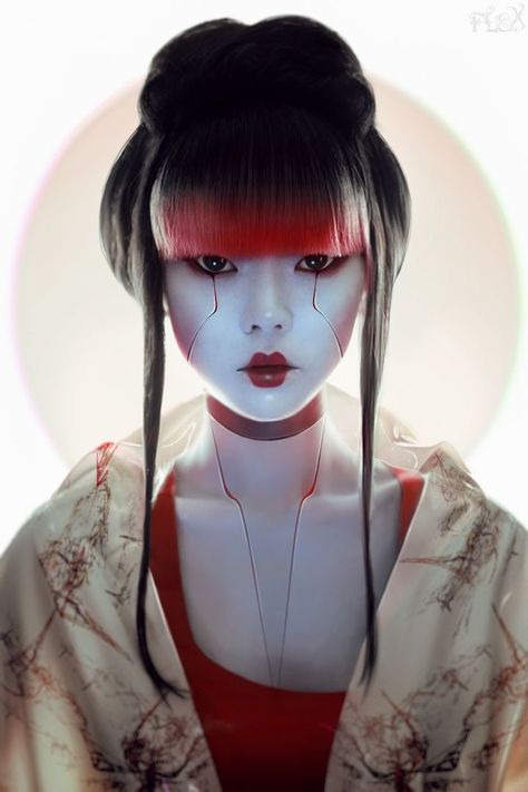 “cyber geisha” | 2019-09-16 Asian Style, A Woman, Makeup, Red, Hair, White, Black, Make Up