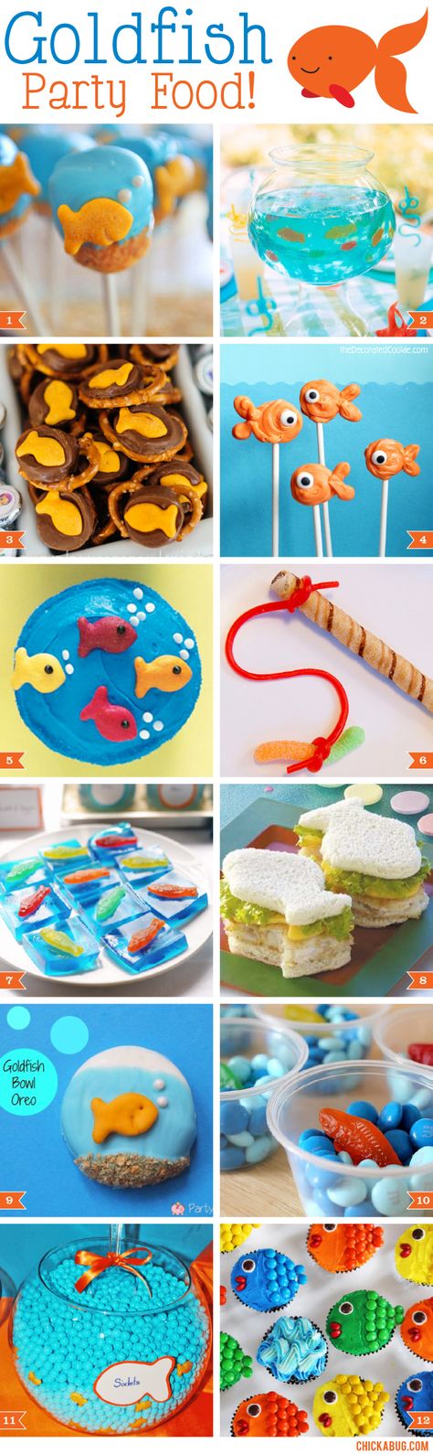 Goldfish party food ideas! Goldfish Party, Dory Birthday Party, Dory Birthday, Nemo Party, Bubble Guppies Party, Fishing Birthday Party, Bubble Guppies Birthday, Birthday Party Snacks, Birthday Cake Pops