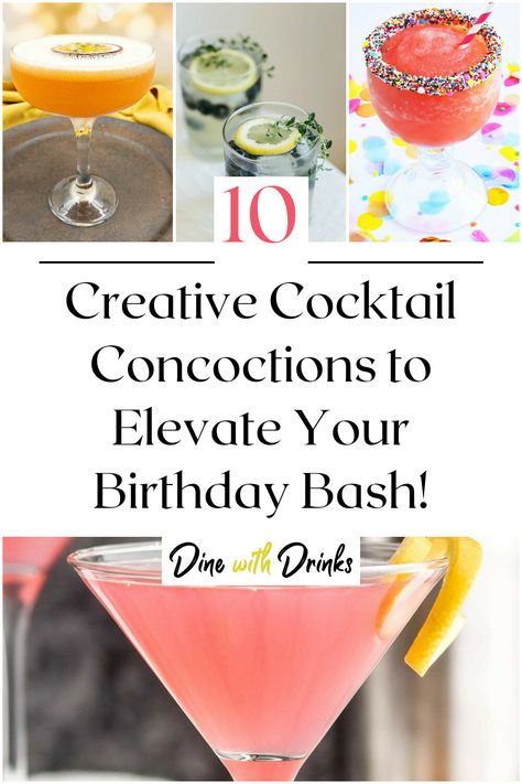 Collage of 4 birthday cocktails. Signature Birthday Drinks, 70th Birthday Signature Drinks, 21st Birthday Ideas Mocktails, Signature Martini Cocktails, Birthday Drink Recipes, Signature Birthday Drinks Cocktails, Signature Cocktails Birthday, Signature Cocktails For 50th Birthday, Signature Drinks For 50th Birthday Party