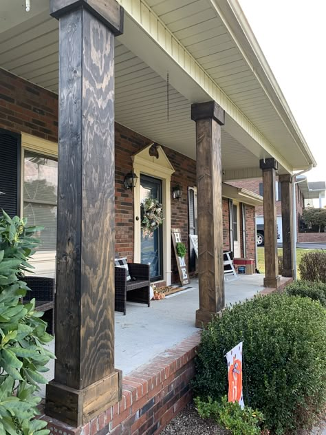 Pier And Beam Front Porch Ideas, Brick House Wood Columns, Cover Wrought Iron Porch Columns, Columns With Stone Base, Porch Post Ideas Columns, Metal Porch Columns, Stained Porch Columns, Diy Porch Columns Wraps, Wrap Porch Columns