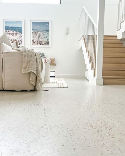 Polish Concrete Kitchen, Polished Concrete Tiles Floors, Light Polished Concrete Floor, Polished Concrete Floor Colors, Concrete Floor House, Polished Concrete Floor Living Room, White Polished Concrete Floor, Light Stained Concrete Floors, Polish Concrete Floors