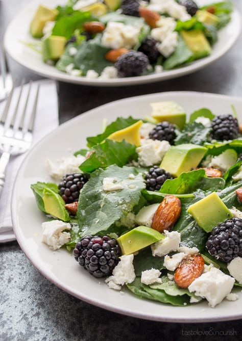 Baby Kale and Blackberry Salad with Ricotta Salata, Avocado and Rosemary Honeyed Almonds from Taste Love & Nourish Blackberry Salad, Diy Easy Recipes, Baby Kale, Eat Salad, Yummy Salad Recipes, Salad Bar, Summer Salads, Delicious Salads, Food Network