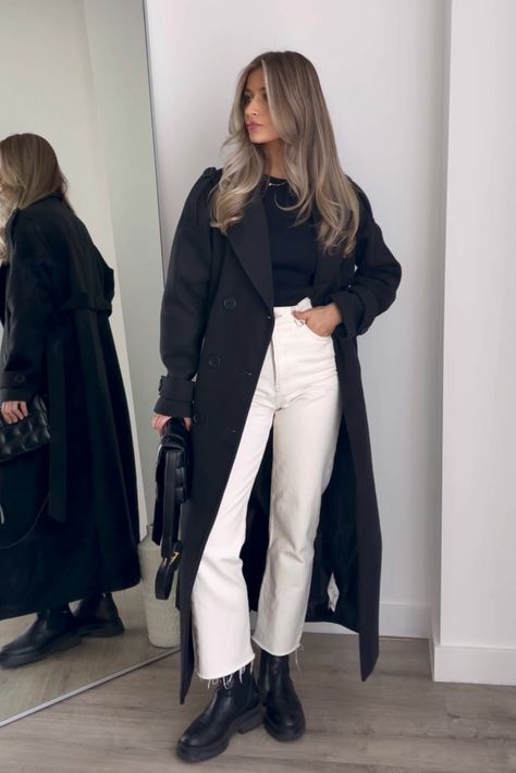 Black Oversized Formal Coat curated on LTK Bar Outfit Winter, White Pants Outfit Winter, Night Out Outfit Bar, Bar Outfit Ideas, White Jeans Outfit Winter, Rainy Day Outfit For Work, Outfit Bar, Bar Outfits, White Pants Outfit