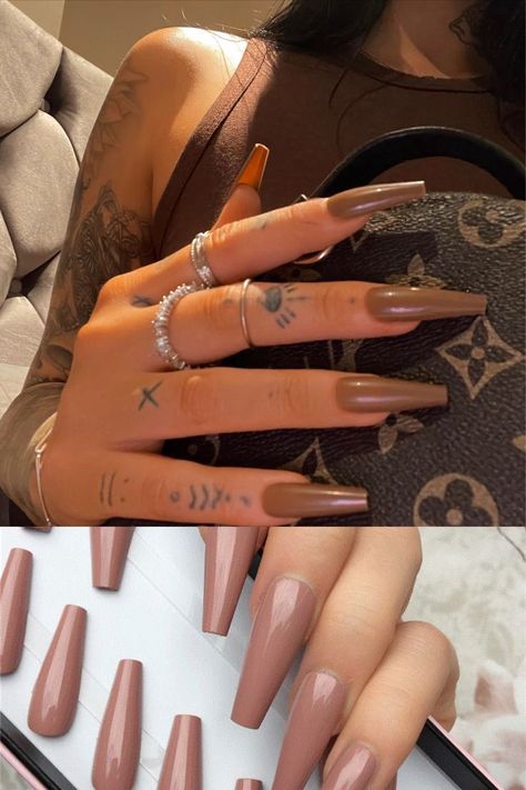 trendy nude brown nails 2022 design redy to wear Brown Nude Acrylic Nails, Brown And Nude Acrylic Nails, Brown Simple Nails, Brown Coffin Acrylic Nails, Nude And Brown Nails, Brown Nails Coffin, Brown And Nude Nails, Long Brown Nails, Trendy Nails Brown