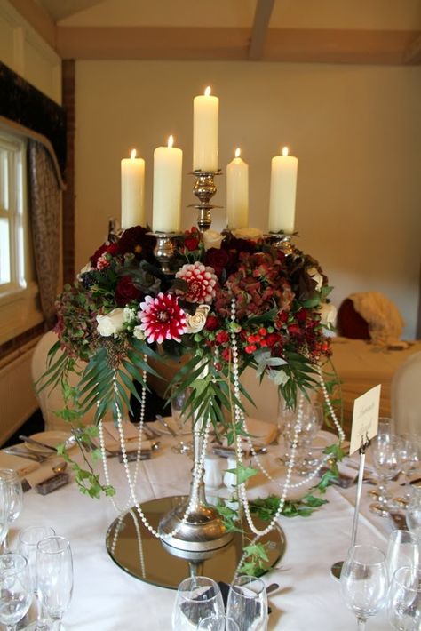 Candelabra Centerpiece Flowers, Candleabra Ideas, Flowers On Candelabras Wedding, Candelabras With Flowers, Candelabra Decor, Candelabra With Flowers, Advent Church Decorations, Christmas Candelabra, Candelabra Flowers