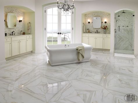 Porcelain-pietra-calacatta 24X24 stunning! Calacatta Marble Floor, Honed Marble Floor, Porcelain Tile Bathroom, Marble Tile Bathroom, Marble Floors, Bullnose Tile, Polished Porcelain Tiles, Marble Tile Floor, Best Floor Tiles