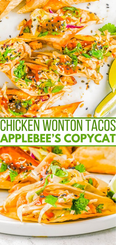 Copycat Applebee's Chicken Wonton Tacos — Crispy, crunchy wonton wrappers are filled with succulent teriyaki chicken and topped with sesame ginger coleslaw to create the best ever chicken wonton tacos! This is a homemade version of Applebee's wonton tacos, but fresher and tastier. If you love Asian-fusion recipes, you’re going to love these tacos! Copycat Applebee's Chicken Wonton Tacos, Wrapper Recipes, Chicken Wonton Tacos, Best Ever Chicken, Wonton Wrapper Recipes, Wonton Tacos, Asian Fusion Recipes, Chicken Wontons, Fusion Recipes