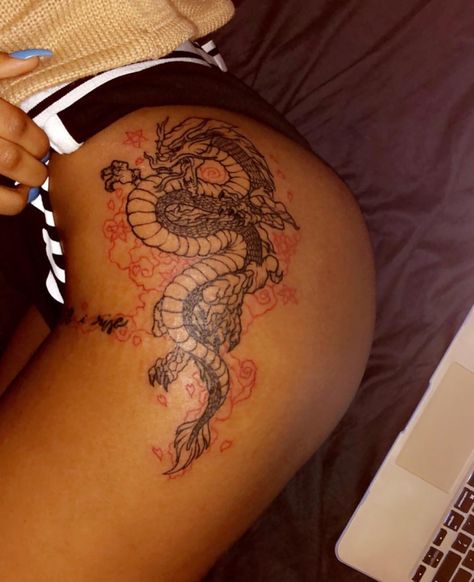 Tattoos For Women On Thigh, Dragons Tattoo, Hip Thigh Tattoos, Dragon Tattoo For Women, Snakebites, Hip Tattoos Women, Inspiration Tattoos, Red Ink Tattoos, Butterfly Tattoos