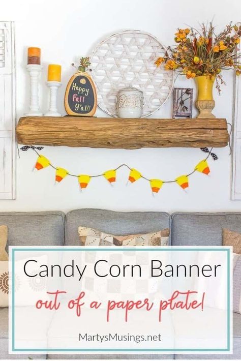 Want an easy Halloween or fall craft? This Candy Corn Banner is so easy and it's made from a paper plate! Perfect for kids! #martysmusings #candycorn #candycornbanner #fallcrafts #candycorncrafts #halloweencrafts Candy Corn Garland, Corn Garland, Rag Banner, Diy Crown Molding, Candy Corn Crafts, African Jewellery, Fall Banner, Diy Banner, Fall Craft