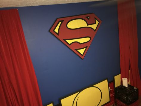 Accent wall with iconic “S” shield Superman Room Decor, Superman Room, Boys Superhero Bedroom, Superman Theme, Superhero Bedroom, Bedroom Walls, Bedroom Wall, Accent Wall, Superman