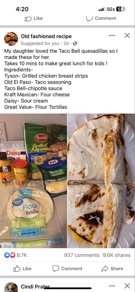 Taco Bell Cheese Quesadilla, Taco Bell Chipotle Sauce, Chicken Quesadillas Taco Bell, Taco Bell Quesadilla, Cheap Desserts, Daisy Sour Cream, Cheap Lunch, Chicken Quesadilla Recipe, Taco Mix