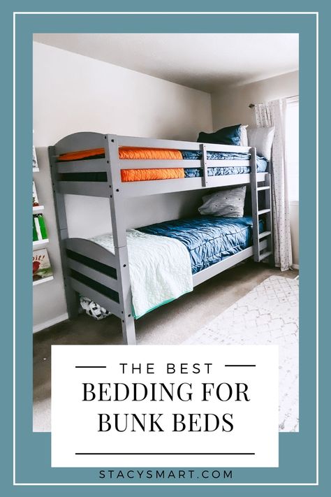 The Best Bedding for Bunk Beds - Stacy Smart Bedding For Bunk Beds For Kids, Kids Bedding Bunk Beds, Bunk Beds Simple, Comforter For Bunk Beds, Beddys Bedding Bunk Beds, How To Style Bunk Beds, Bunk Bed Comforter Ideas, Bunk Bed Bedding Ideas, Boys Bunk Beds Room Ideas