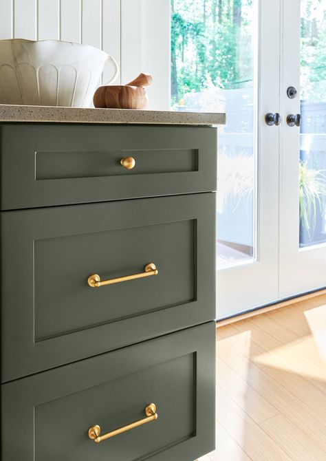 The Prettiest Green And Pink Kitchen Remodel That We Completed In 7 WEEKS - Emily Henderson Olive Green Kitchen, Kitchen Cabinet Color Ideas, Blue Wall Colors, Matte Black Bathroom, Green Kitchen Cabinets, Green Cabinets, Emily Henderson, Gold Kitchen, Kitchen Hardware