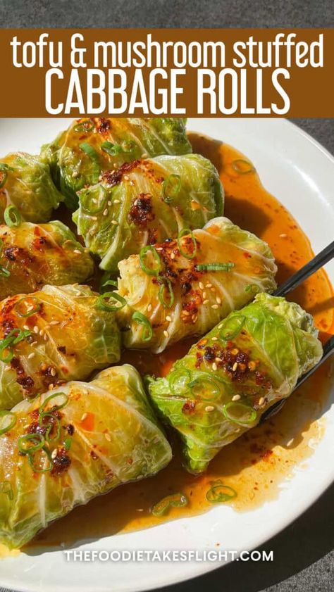 vegan cabbage rolls Crispy Cabbage Rolls, Mediterranean Cabbage Rolls, Vegan Cabbage Rolls Recipes, Crispy Asian Cabbage Rolls, Cabbage Spring Rolls, Homemade Chili Oil, Vegan Cabbage Rolls, Vegan Cabbage, Simple Family Meals