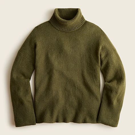 J.Crew: Turtleneck Sweater In Supersoft Yarn For Women Green Turtleneck Outfit, Green Turtleneck Sweater, Chunky Turtleneck Sweater, Turtleneck Outfit, Green Turtleneck, Olive Green Sweater, Cable Knit Turtleneck Sweater, Woven Sweater, Striped Turtleneck