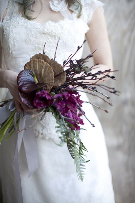 Forest Bouquet, Unusual Wedding Bouquets, Lady In The Lake, Lady Of The Lake, Mushroom Forest, Unusual Weddings, Unique Bouquet, Alternative Bridal, Cascade Bouquet