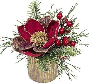 Red Christmas Table, Magnolia Centerpiece, Christmas Table Centerpiece, Christmas Table Centerpieces, Christmas Tabletop, Glitter Flowers, Floral Centerpiece, Table Arrangement, Christmas Arrangements