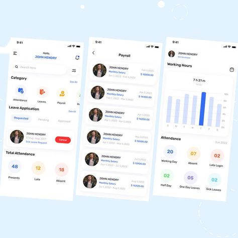 HR and Payroll App - Design Attendance App Ui Design, Attendance App, Attendance Chart, Attendance Tracker, Software Ui Design, Employee Id Card, Dashboard Mobile, App Design Layout, Card Ui