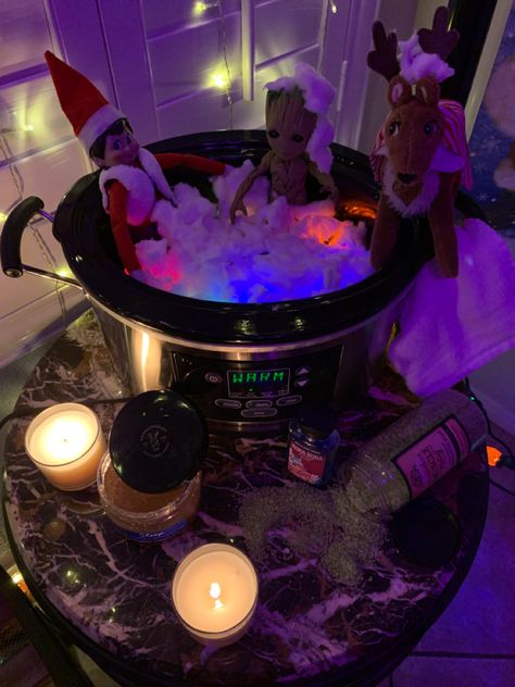 Elf on the shelf hot tub party Elf Hot Tub, Hot Tub Party, Christmas Sleepover, Elf On Shelf, On The Shelf, Elf On The Shelf, Hot Tub, Elf, Shelves