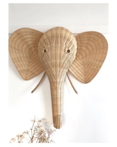 Animal Head Decor, Moroccan Textiles, Rattan Wall, Kids Deco, Nursery Accessories, Nursery Inspo, Nursery Baby Room, Elephant Head, Safari Nursery